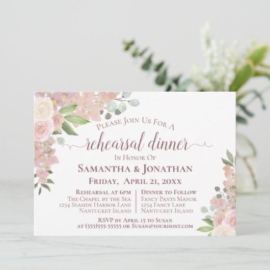 Rustic Blush Pink Floral Wedding Rehearsal Dinner Kaart (Staand voorkant)