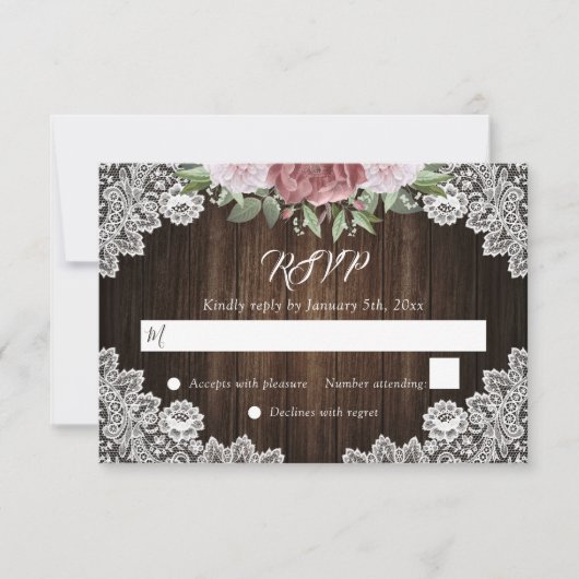 Rustic Blush Pink Floral Wood Lace Wedding RSVP (Voorkant)
