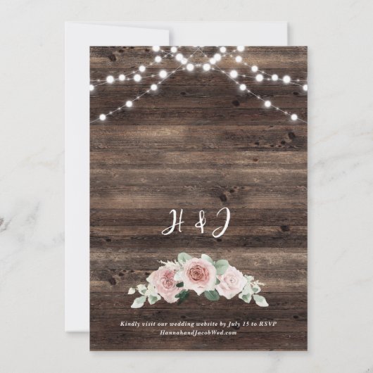 Rustic Blush Pink Floral Wood String Light Wedding Kaart (Achterkant)