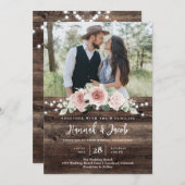 Rustic Blush Pink Floral Wood String Light Wedding Kaart (Voorkant / Achterkant)