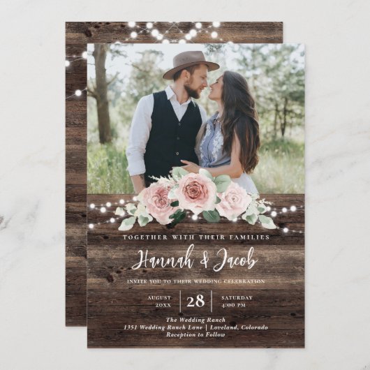 Rustic Blush Pink Floral Wood String Light Wedding Kaart (Voorkant / Achterkant)