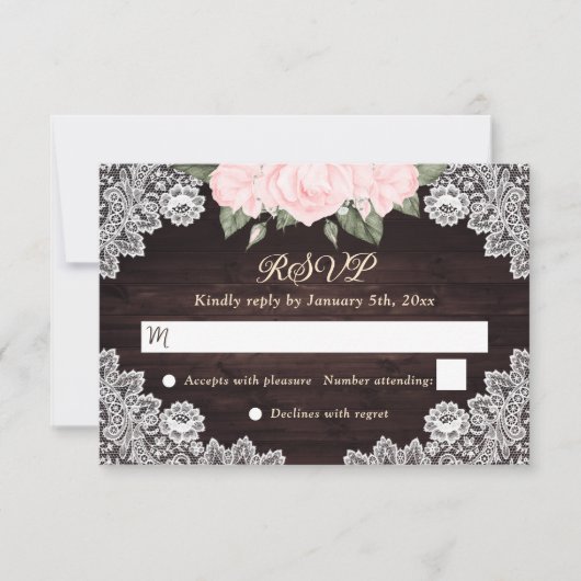 Rustic Blush Pink Floral Wood Weddenschap RSVP Kaartje (Voorkant)