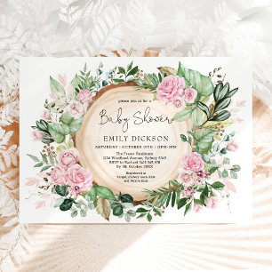 Rustic Blush Pink Flower Greenery Girl Baby shower Kaart