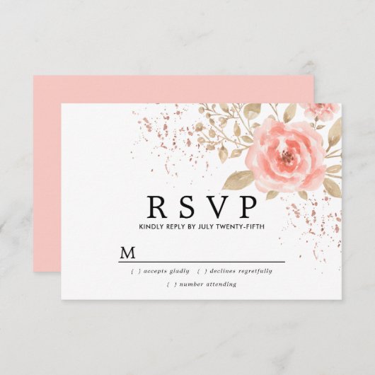 Rustic Blush Pink Gold Floral Wedding RSVP (Voorkant / Achterkant)