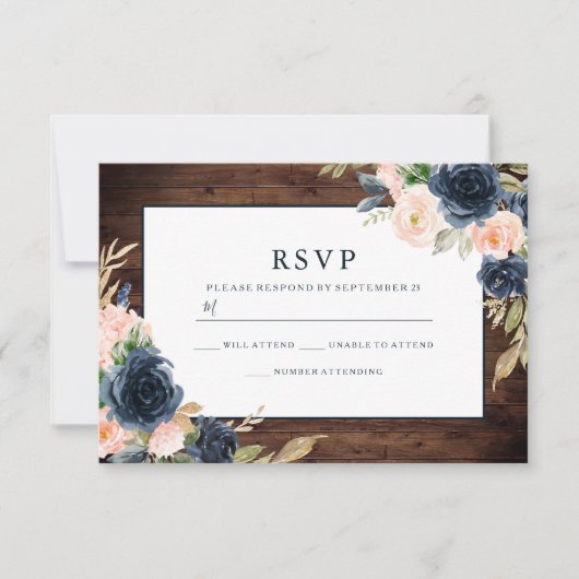 Rustic Blush Pink & Navy Elegant Spring Wedding RSVP Kaartje (Voorkant)