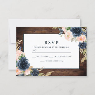 Rustic Blush Pink & Navy Elegant Spring Wedding RSVP Kaartje
