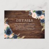 Rustic Blush Pink & Navy Elegant Wedding Details Informatiekaartje (Voorkant)