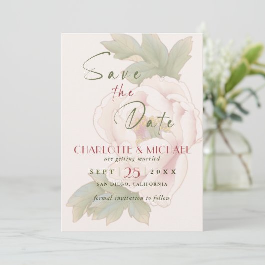 Rustic Blush Pink Peony Wedding Save the Date (Staand voorkant)