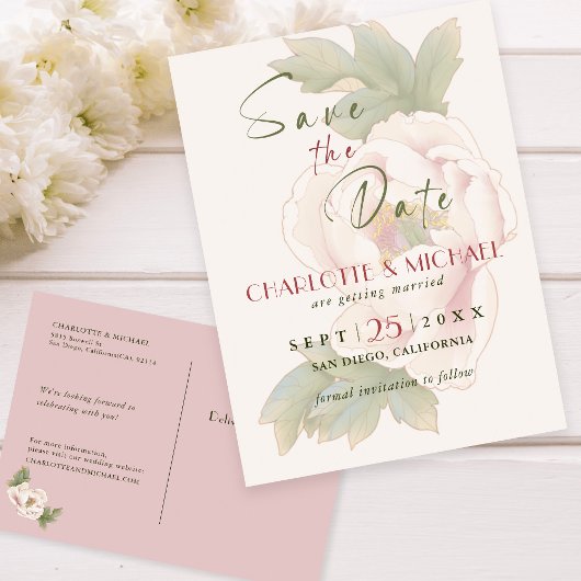 Rustic Blush Pink Peony Wedding Save the Date Aankondigingskaart
