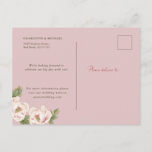 Rustic Blush Pink Peony Wedding Save the Date Aankondigingskaart (Achterkant)