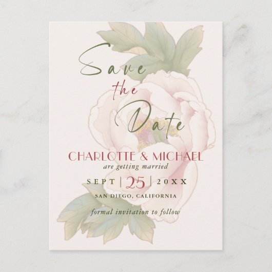Rustic Blush Pink Peony Wedding Save the Date Aankondigingskaart (Voorkant)
