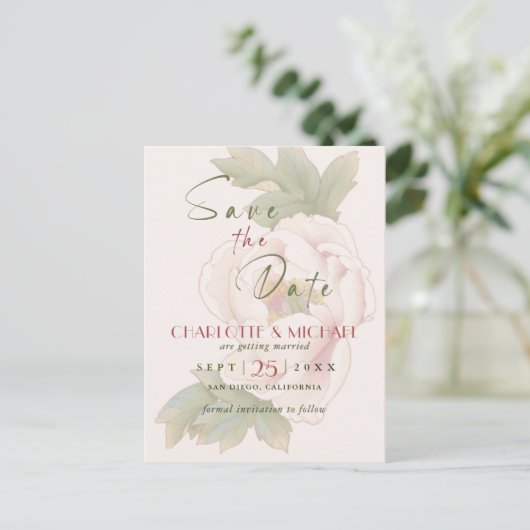 Rustic Blush Pink Peony Wedding Save the Date Aankondigingskaart (Staand voorkant)