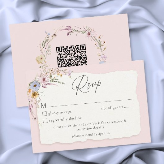 Rustic Blush Pink Romantic Wildflower Wedding QR RSVP Kaartje