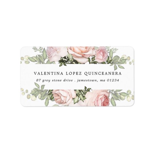 Rustic Blush Pink Rose Quinceanera Floral Address Etiket (Voorkant)
