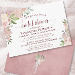 Rustic Blush Pink Waterverf Floral Vrijgezellenfee Kaart<br><div class="desc">Deze mooie bruiddoucheuitnodiging is zowel roest als elegant. Het bevat een handgeschilderd ontwerp voor waterverf met rozen en bloesems in tinten van wazige roze, koraal en bruin. De achterkant is een gemarmerde, stoffige roos met een mooie bouquet, verbonden met een wit satijnlint en boog. Het heeft details op de douche...</div>