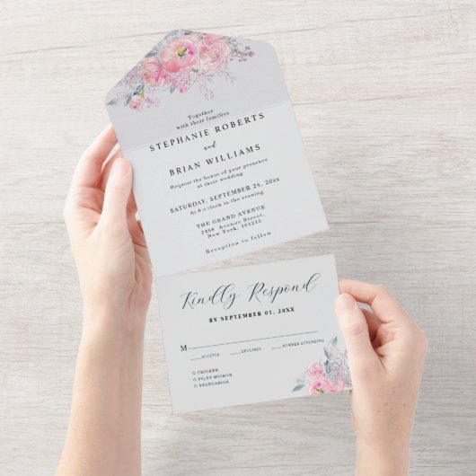 Rustic Blush Pink Waterverf Floral Wedding All In One Uitnodiging (Afscheurbaar)