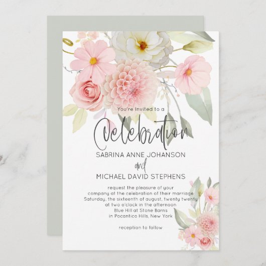 Rustic Blush Pink Waterverf Floral Wedding Kaart (Voorkant / Achterkant)
