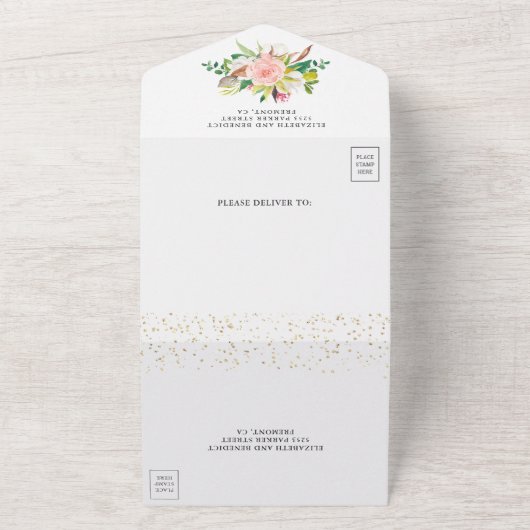 Rustic Blush Pink White Magnolia Floral Wedding All In One Uitnodiging (Buitenkant)