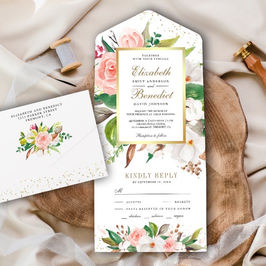 Rustic Blush Pink White Magnolia Floral Wedding All In One Uitnodiging