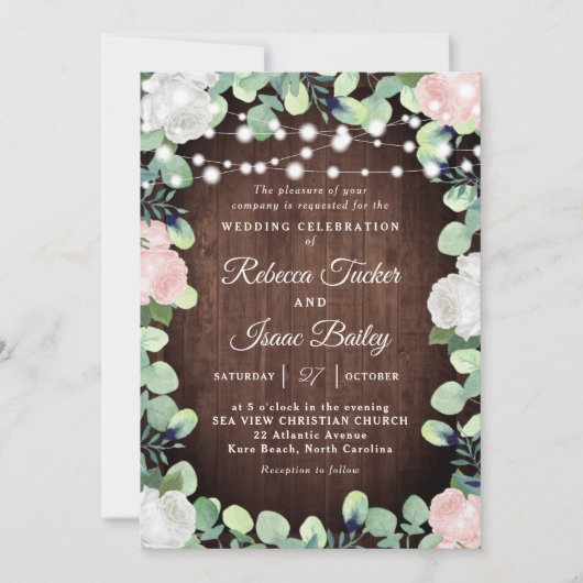 Rustic Blush Pink & White Roses Greenery Wedding Kaart (Voorkant)