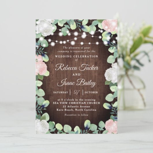 Rustic Blush Pink & White Roses Greenery Wedding Kaart (Staand voorkant)