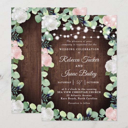 Rustic Blush Pink & White Roses Greenery Wedding Kaart (Voorkant / Achterkant)