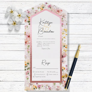 Rustic Blush Pink Wildbloemen Dinner All In One Uitnodiging