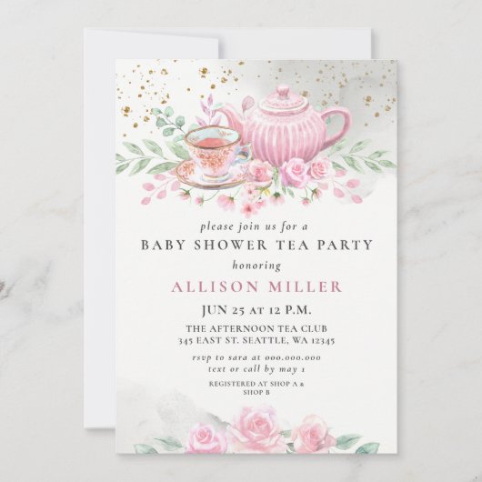Rustic Blush Roos Gold Tea Party Baby shower Kaart (Voorkant)
