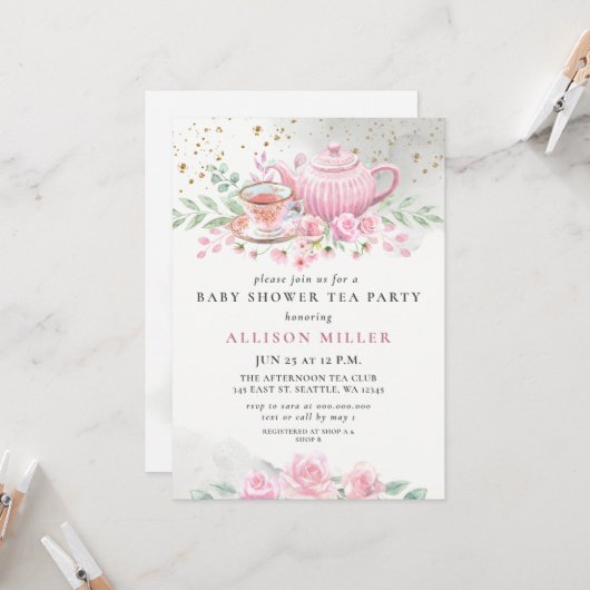 Rustic Blush Roos Gold Tea Party Baby shower Kaart (Voorkant / Achterkant in situ)