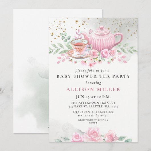 Rustic Blush Roos Gold Tea Party Baby shower Kaart (Voorkant / Achterkant)