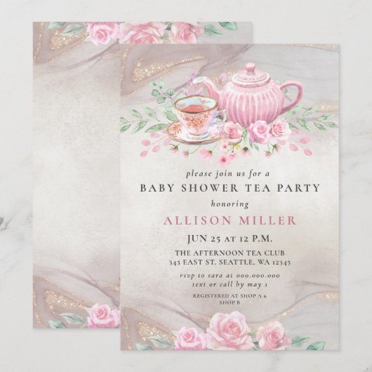 Rustic Blush Roos Gold Tea Party Baby shower Kaart (Voorkant / Achterkant)