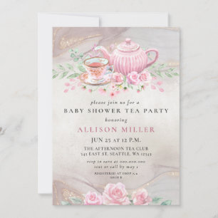Rustic Blush Roos Gold Tea Party Baby shower Kaart