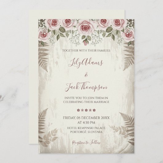 Rustic Blush Roos huwelijksuitnodiging Kaart (Voorkant / Achterkant)