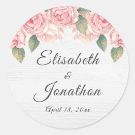 Rustic Blush Roos White Wood Wedding Ronde Sticker