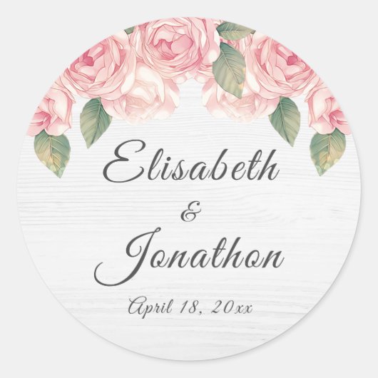 Rustic Blush Roos White Wood Wedding Ronde Sticker (Voorkant)