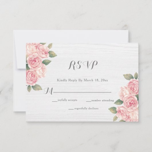Rustic Blush Roos White Wood Wedding RSVP Kaartje (Voorkant)