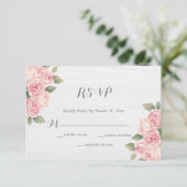 Rustic Blush Roos White Wood Wedding RSVP Kaartje (Staand voorkant)