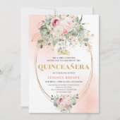 Rustic Blush Roses Eucalyptus Quinceañera Invite Kaart (Voorkant)