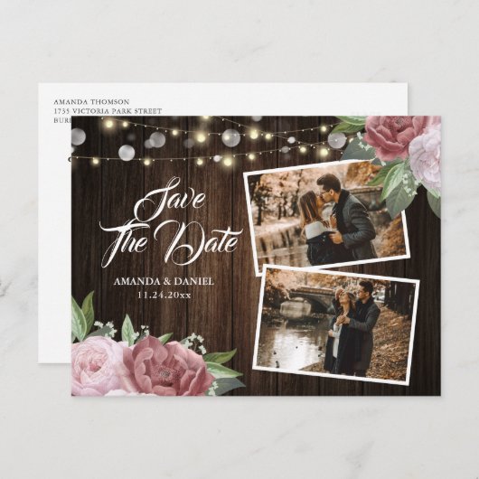 Rustic Blush Roze bewaart het Briefkaart Datum fot (Voorkant / Achterkant)