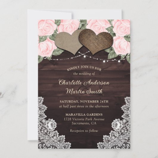 Rustic Blush Roze hout Hartenstracht Kaart (Voorkant)