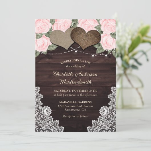 Rustic Blush Roze hout Hartenstracht Kaart (Staand voorkant)