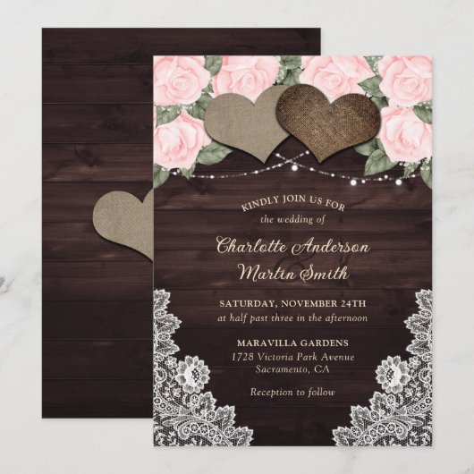 Rustic Blush Roze hout Hartenstracht Kaart (Voorkant / Achterkant)