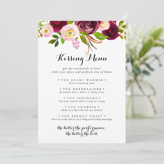 Rustic Blush Wedding Kissing Menu Game Kaart (Staand voorkant)