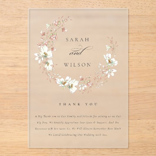 Rustic Blush White Meadow Floral Wreath Wedding Acryl Uitnodigingen (Voorkant)