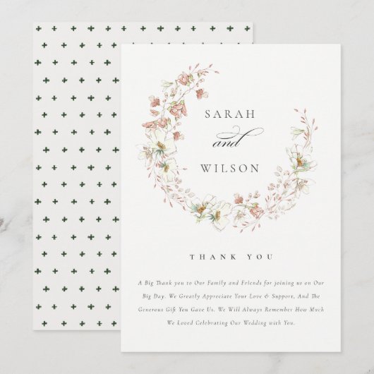 Rustic Blush White Meadow Floral Wreath Wedding Bedankkaart (Voorkant / Achterkant)
