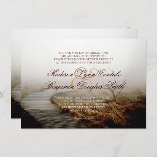Rustic Boardwalk Fog Country Wedding Invitations Kaart (Voorkant / Achterkant)