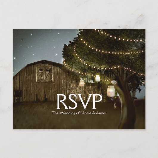 Rustic boerderij- en boomverlichtingsbruiloft RSVP Uitnodiging Briefkaart (Voorkant)
