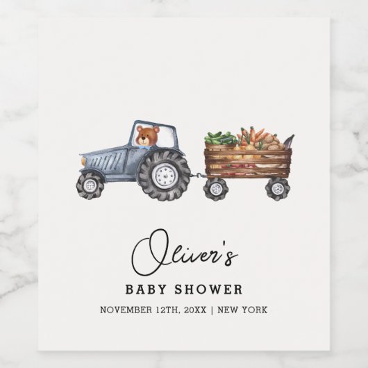 Rustic Boerderij Tractor Teddy Bear Baby shower Wijn Etiket (Enkel label)