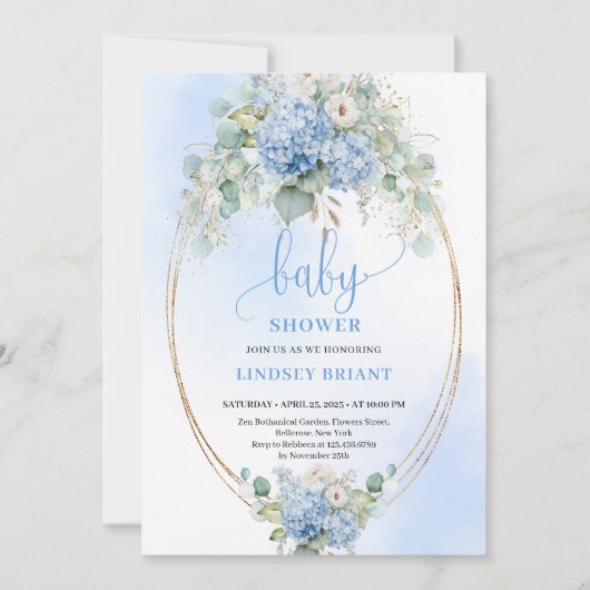 Rustic Bohemian Blue Hydrangeas Baby Shower Invite Kaart (Voorkant)