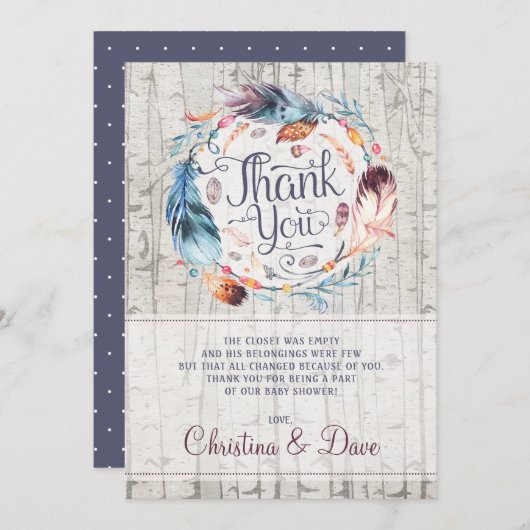 Rustic Bohemian Feathers Boho Baby shower Bedankkaart (Voorkant / Achterkant)